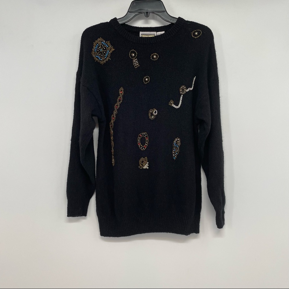 Vintage Glitz women’s M Black Silk/angora Blend Beaded Sweater Art See Crew Neck